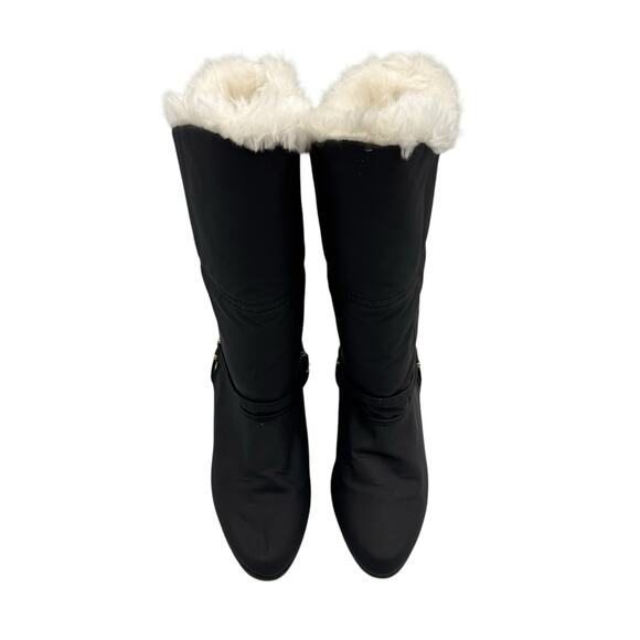 R.O.C. Vintage Black Nylon Mid Calf Faux Fur Pointed Toe Cone Heel Pull On Boots - Picture 2 of 12